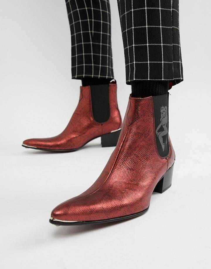 Jeffery West Sylvian Cuban Boots In Red Metallic Snake Print - Red