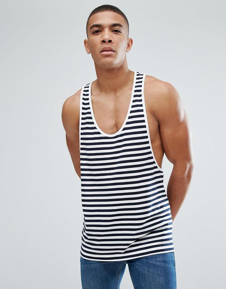 Asos Stripe Racerback Tank In Navy And White - Navy