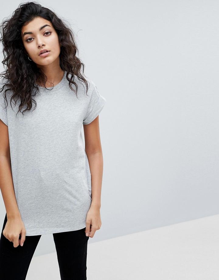 Asos T-shirt In Boyfriend Fit With Rolled Sleeve And Curved Hem - Gray