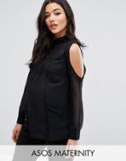 Asos Maternity Cold Shoulder Lace Trim And Pintuck Blouse - Black