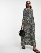 Asos Design Maxi Smock Dress In Black And Yellow Floral Print-brown
