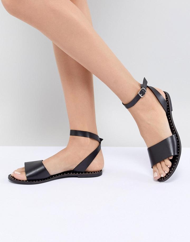 Steve Madden Danny Black Leather Flat Sandals - Black