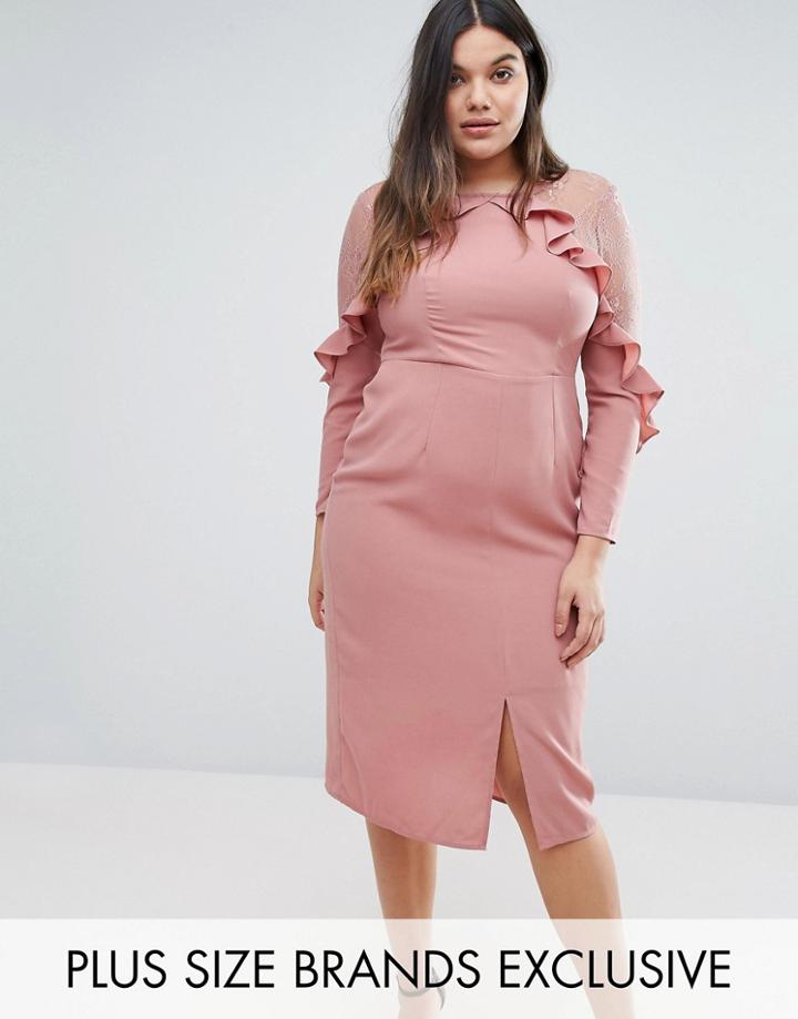 Truly You Ruffle Yoke Dress With Lace Insert - Pink