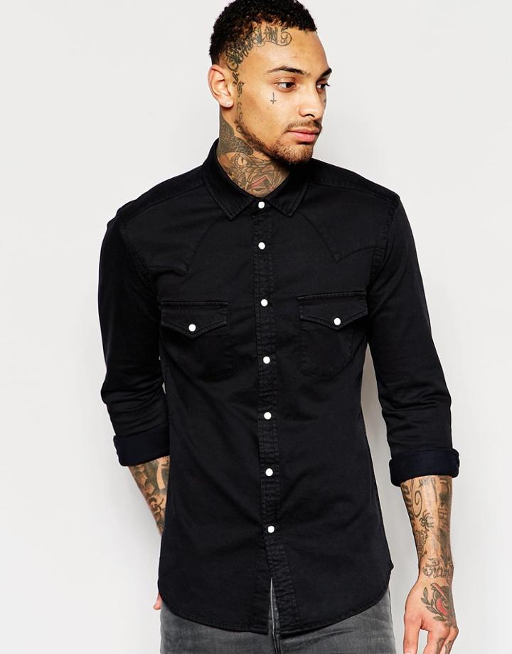 Asos Skinny Western Denim Shirt In Black With Long Sleeves - Black