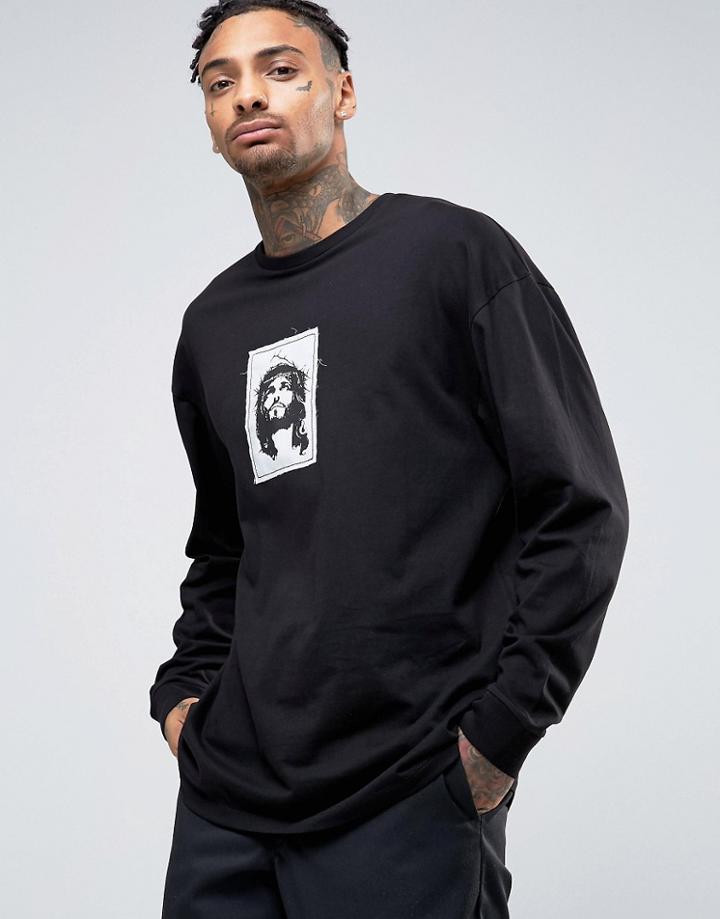 Asos Oversized Long Sleeve T-shirt With Patch Applique - Black