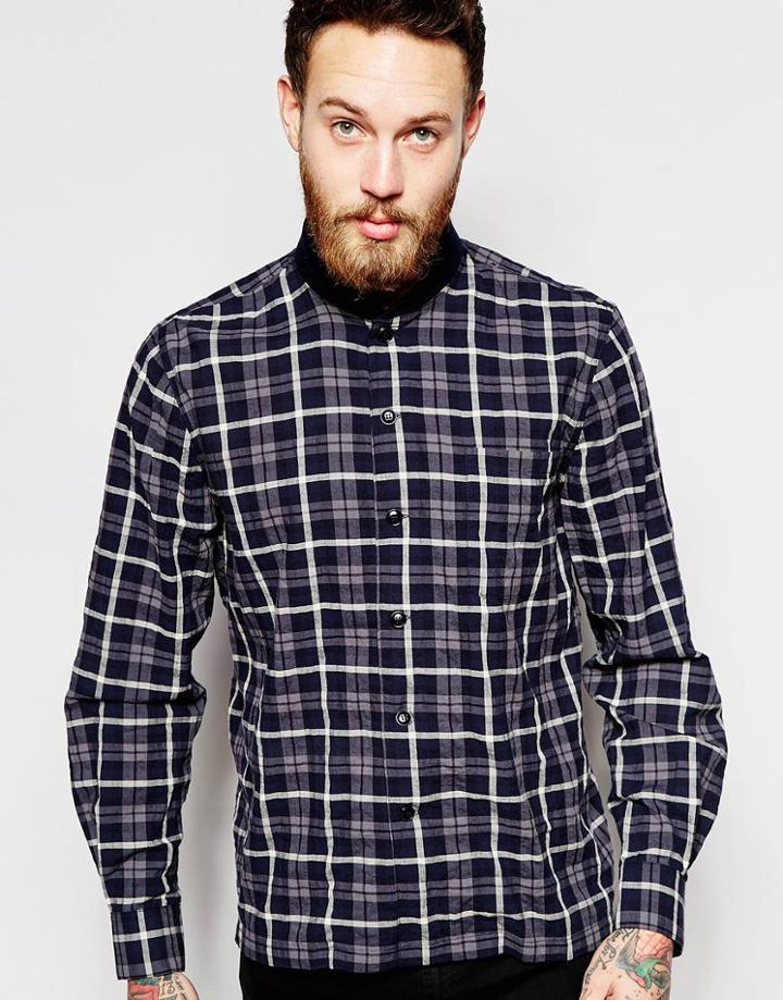 Ymc Check Shirt With Bomber Neckline - Navy