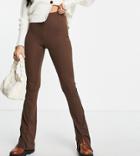 Topshop Tall Skinny Rib Split Front Flared Pants In Chocolate-brown