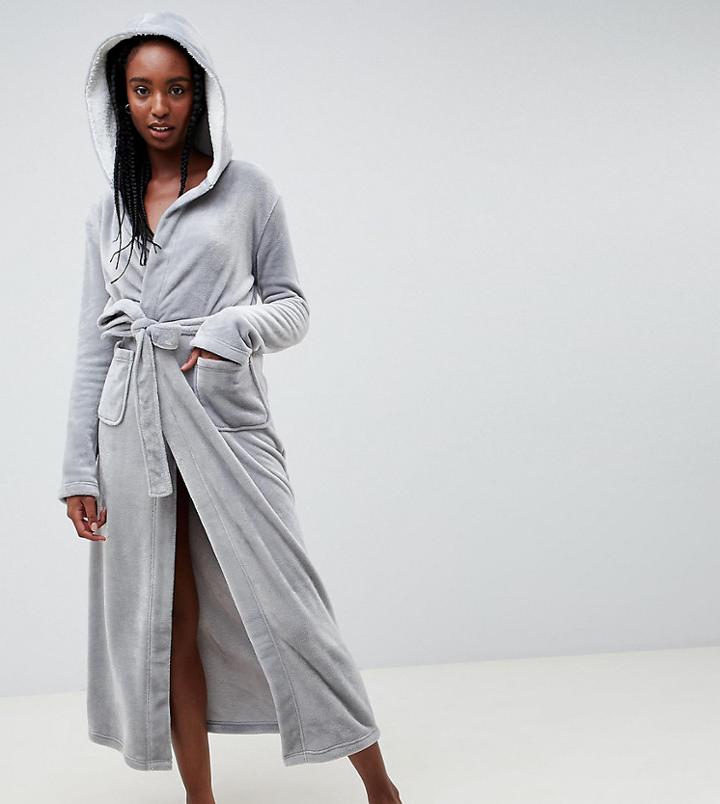 Asos Design Tall Supersoft Fleece Midi Robe With Contrast Lining - Gray