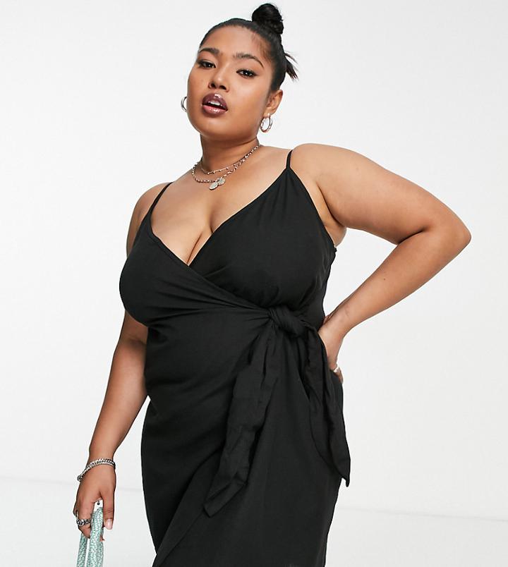Asos Design Curve Wrap Cami Tie Side Linen Mini Sundress In Black