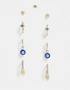 Asos Design Pack Of 6 Earrings With Eye Design In Gold Tone