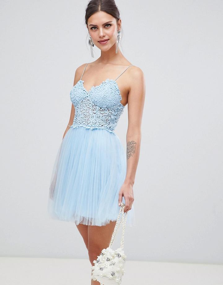 Asos Design Premium Lace Cami Top Tulle Mini Dress - Blue