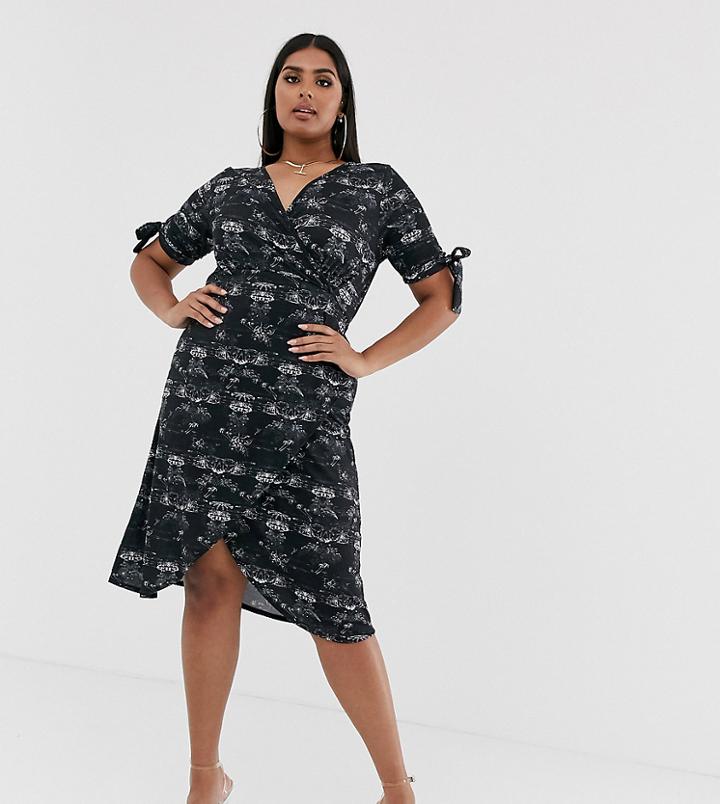 Pink Clove Midi Dress With Tie Sleeves In Scenic Print - Black