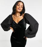 Missguided Velvet Wrap Dress With Poplin Sleeve In Black