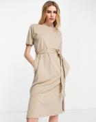 Vero Moda Aware T-shirt Dress With Tie Waist In Beige-brown