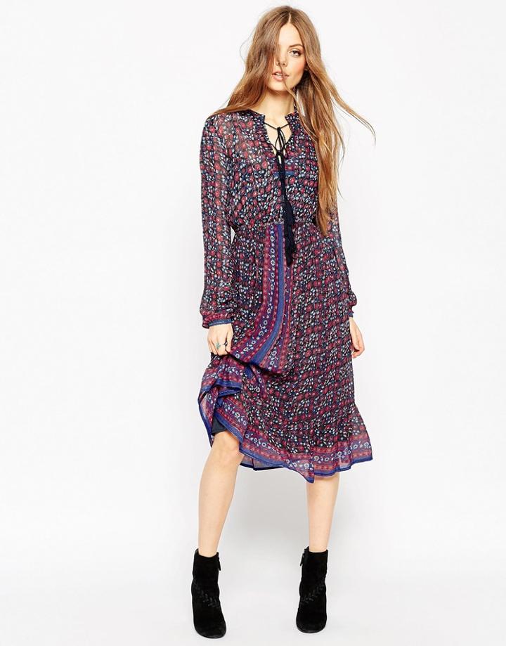 Asos Folk Midi Dress In Metallic Thread - Print