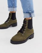 London Rebel Lace Up Flat Chunky Boots In Khaki-black