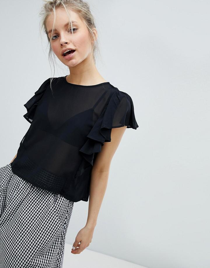 Monki Ruffle Panel Top - Black