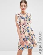 Asos Petite Ruffle Neck Skater Dress In Pretty Floral Print - Pink