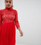 Little Mistress Petite 3/4 Sleeve Lace Top Pleated Midi Dress - Red