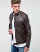 Barney's Originals Real Leather Quilted Biker Jacket - Brown