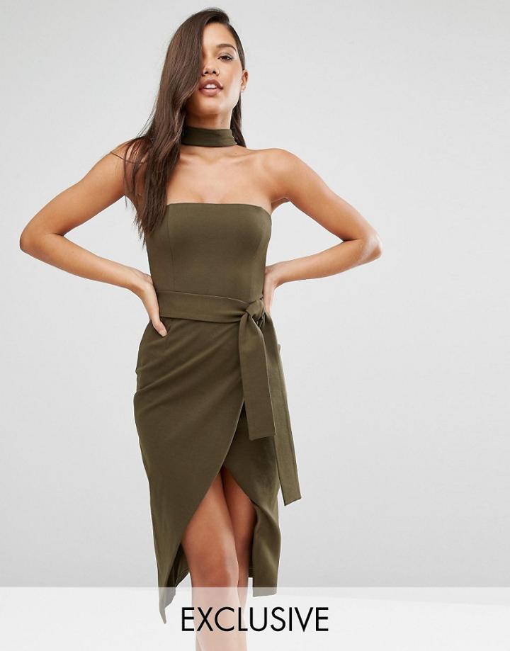 Lavish Alice Collar Neck Tie Belt Midi Dress - Green