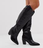 Asos Design Wide Fit Catch Up Western Pull On Knee Boots In Black Croc - Black