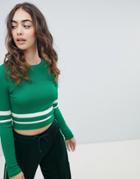 Pull & Bear Cropped Long Sleeve Sweater Plain In Green - Green
