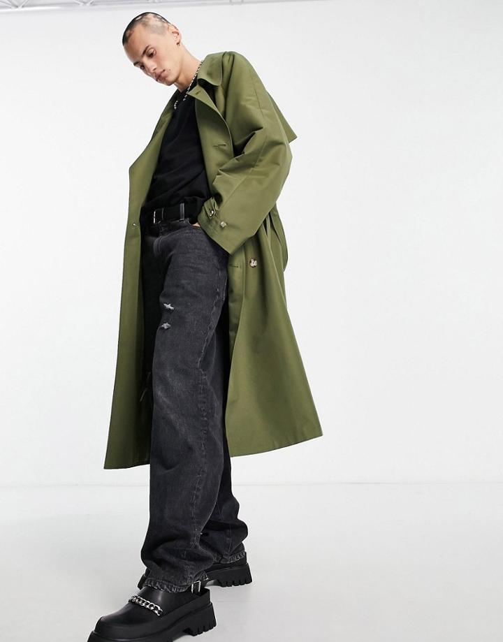 Asos Design Oversized Trench Coat In Khaki-green