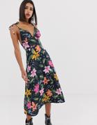 Neon Rose Midi Cami Dress With Tie Shoulders In Tropical Floral Print - Navy