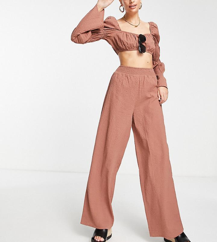 Asos Design Tall Wide Leg Beach Pants In Brown Seersucker - Part Of A Set