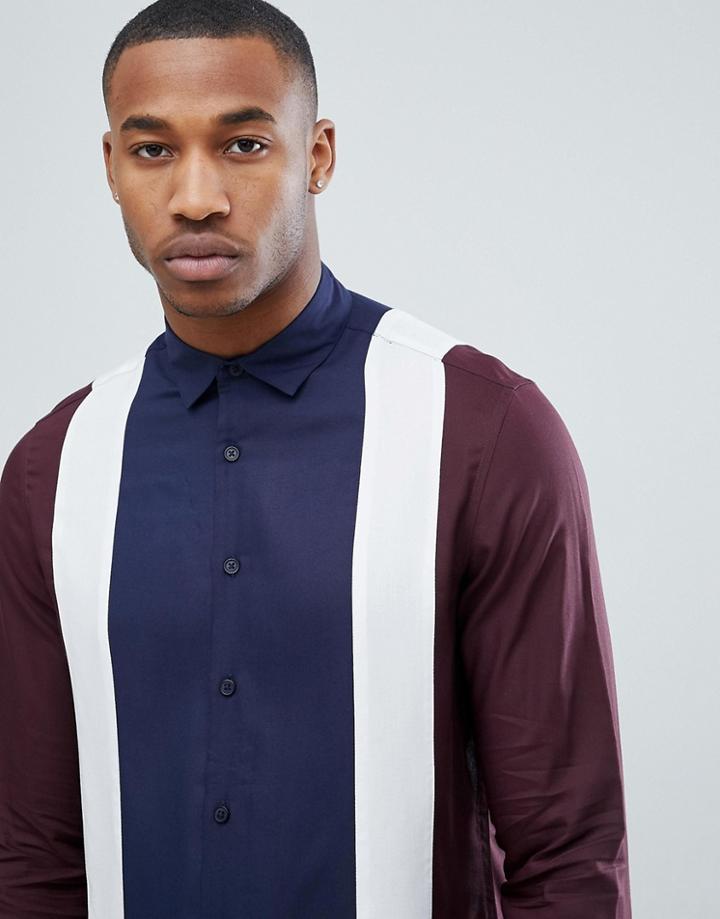 Asos Design Regular Fit Viscose Panel Cut And Sew Shirt - Navy