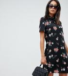 Fashion Union Tall High Neck Short Sleeve Dress In Vintage Floral - Black