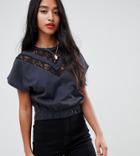 Asos Design Petite T-shirt With Elasticated Hem In Washed Gray With Lace Insert - Gray