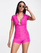 Asos Design Cut-out Ring Detail Romper In Hot Pink Checkerboard Floral Terry