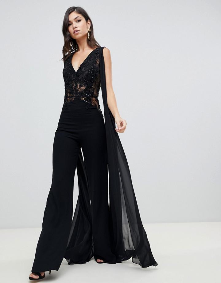 Forever Unique Lace Jumpsuit With Flutter Layer - Black