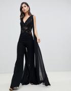 Forever Unique Lace Jumpsuit With Flutter Layer - Black