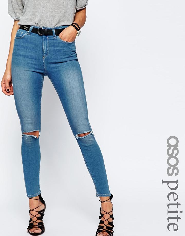 Asos Petite Ridley High Waist Skinny Jeans In Orchid Rich Blue Wash With Rip And Bust - Mid Stone Wash
