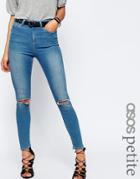 Asos Petite Ridley High Waist Skinny Jeans In Orchid Rich Blue Wash With Rip And Bust - Mid Stone Wash