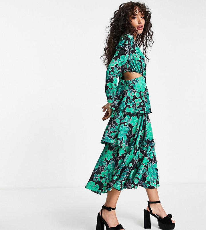 Topshop Petite Cut Out Side Tiered Floral Midi Dress In Green