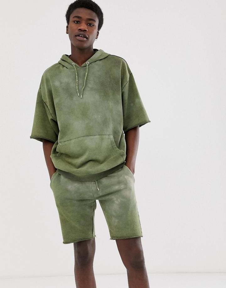 Asos Design Tracksuit Hoodie/skinny Shorts With Raw Hems In Khaki Acid Wash - Green
