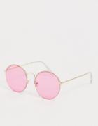 Asos Design Round Half Rim Sunglasses In Gold With Pink Lenses - Pink