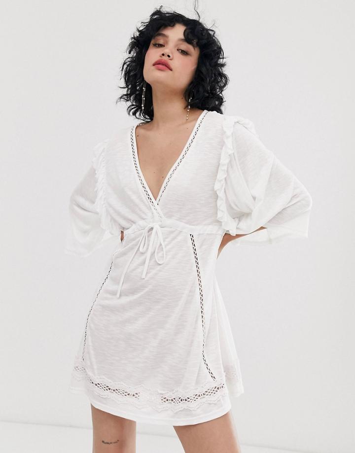 Asos Design Ladder Trim Mini Smock Dress-white