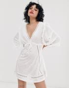 Asos Design Ladder Trim Mini Smock Dress-white
