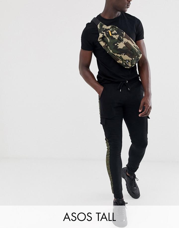 Asos Design Tall Skinny Cargo Sweatpants With Camo Side Stripe-black