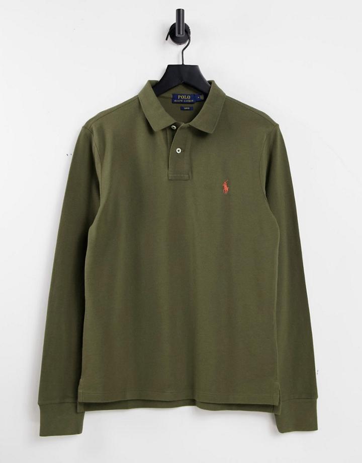 Polo Ralph Lauren Player Logo Long Sleeve Slim Fit Pique Polo In Green