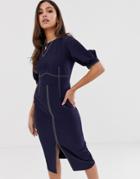 Asos Design Contrast Stitch Midi Dress With Puff Sleeves - Navy