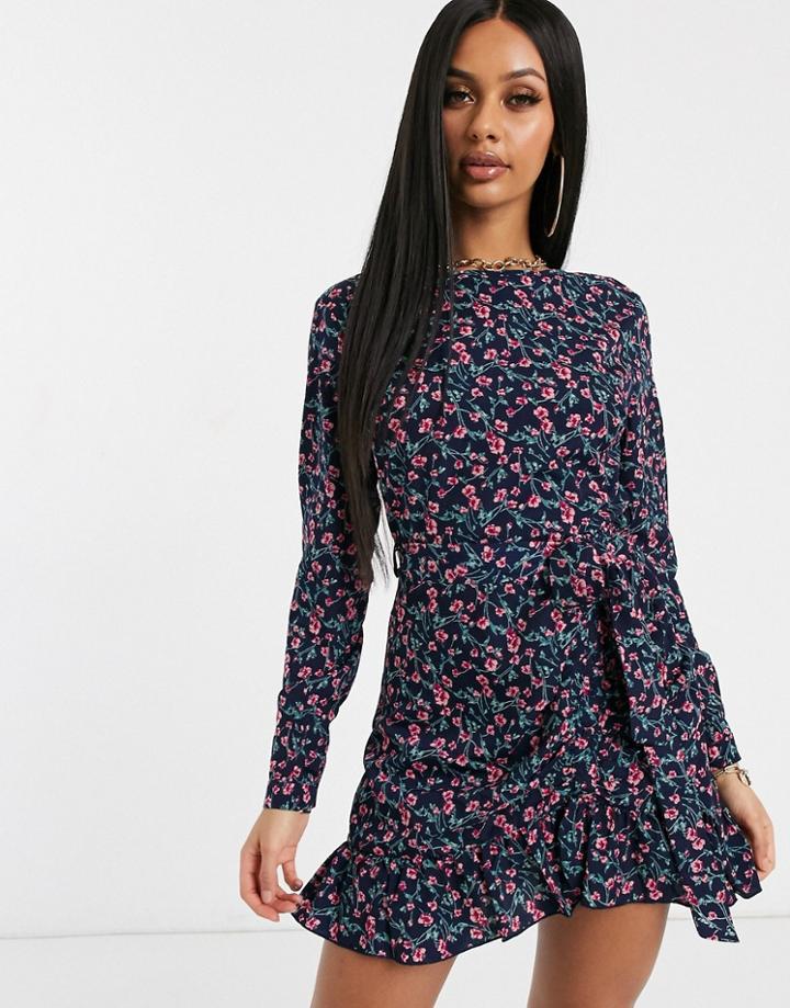 Missguided Floral Tea Dress With Tie Waist-multi