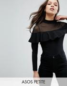 Asos Petite Top With Mesh And Ruffle Detail - Black