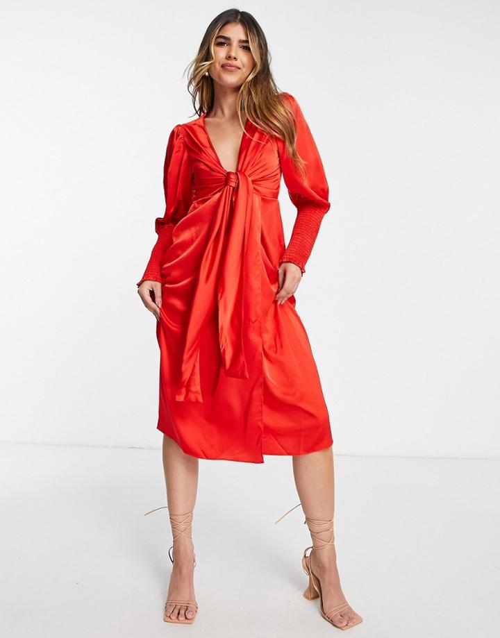 Collective The Label Exclusive Plunge Tie Front Midi Dress In Red