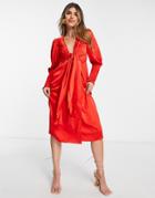 Collective The Label Exclusive Plunge Tie Front Midi Dress In Red